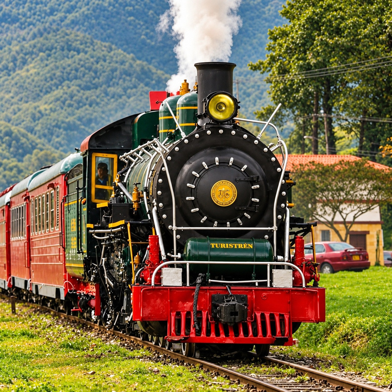 Locomotora verde y negra del Tren Turístico de la Sabana, con vapor en la chimenea y vagones rojos