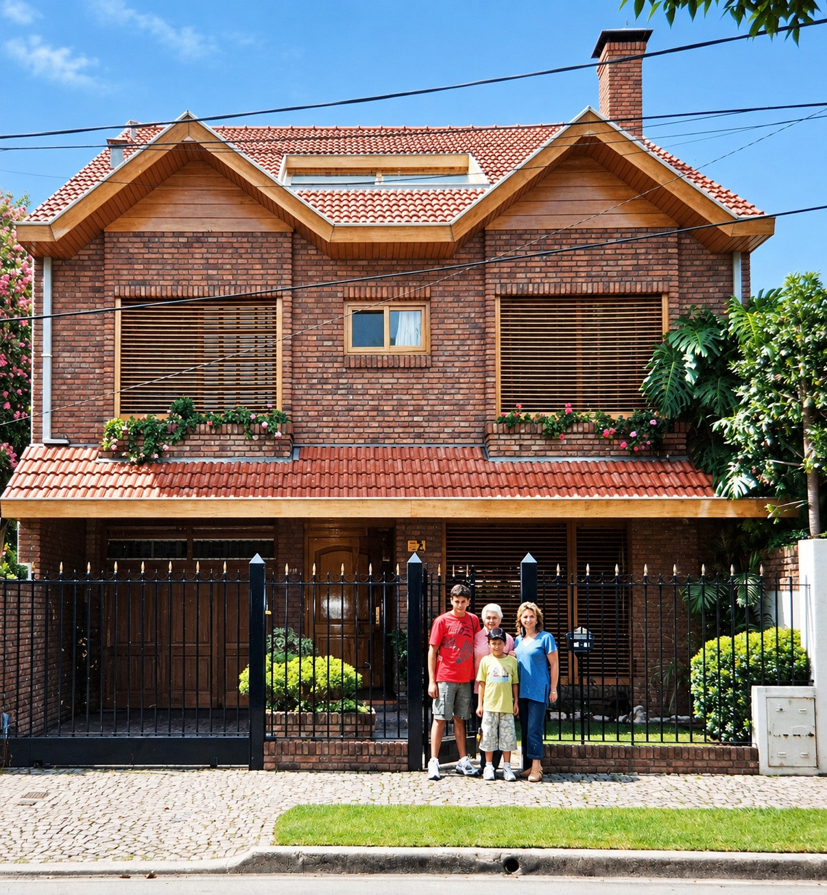 La familia frente al chalé de Acassuso: ladrillo, tejas y el portón abierto hacia la calle