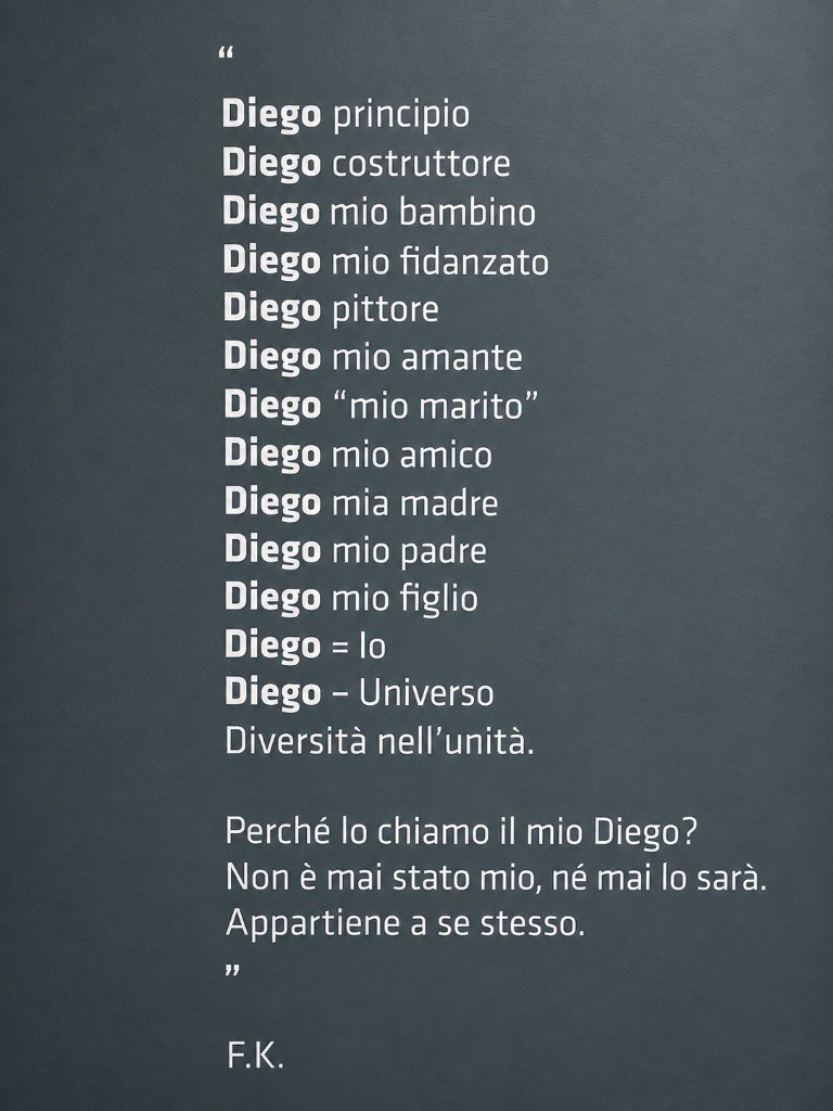 Poema de Frida Kahlo a Diego, en italiano, sobre un muro gris de la exposición del Mudec