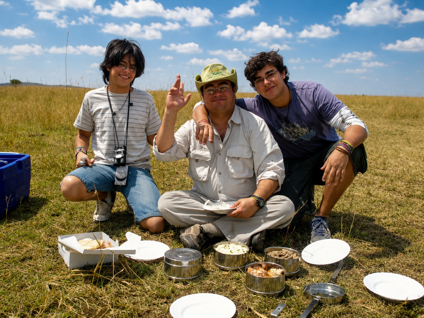 Jairo, Juanes y Danny merendando en la sabana, rodeados de recipientes y un cielo inmenso