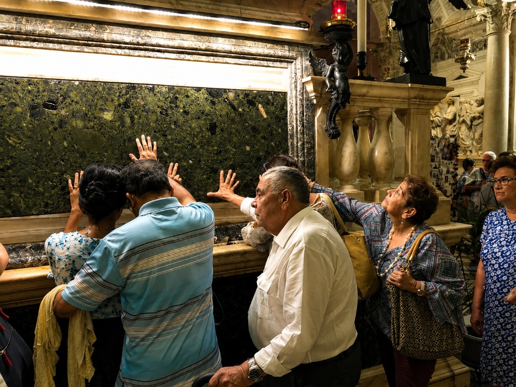 Peregrinos, entre ellos el padre de Alexandra, con la mano sobre la tumba de San Antonio en la basílica de Padua